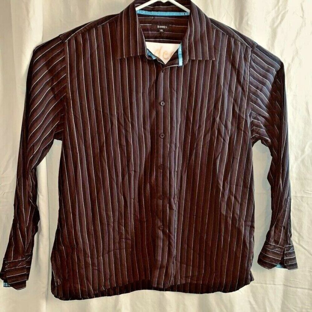 XXL St Bernard for Dunnes Dress Shirt Brown Striped Blue Button Ribbon Trim EUC